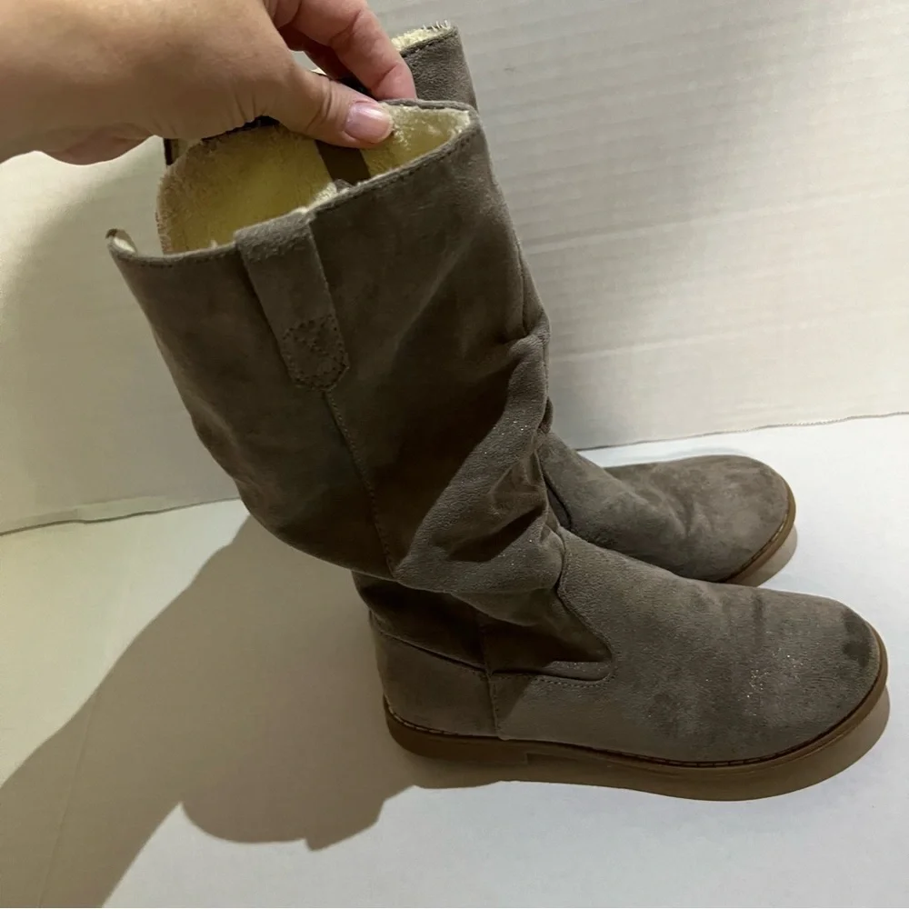 Olive & Edie Tessa Boots Brown Faux Fur Lined Mid Calf Boots Girls 1M Slouch Zip